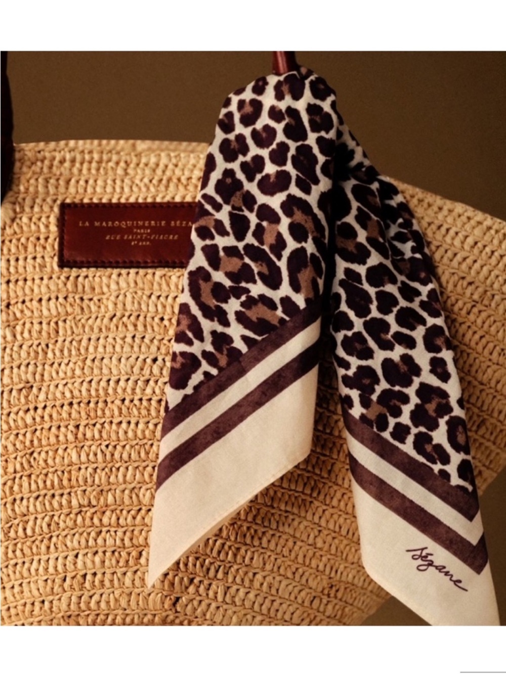 Sezane Leopard Print Silk Scarf in Brown and Cream